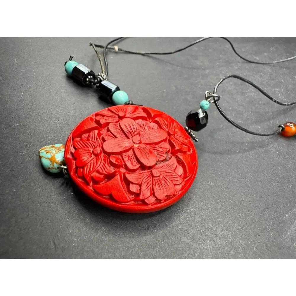 Vintage Red Carved Chinese Cinnabar Pendant Turquoise Glass Bead Necklace